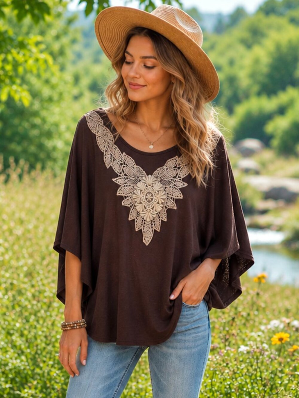 Bay Studio Embroidered Brown Batwing Sleeve Poncho-Style Top Petite Medium NWT